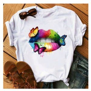 Lips Butterfly Rainbow Women's Casual Top White / Donation